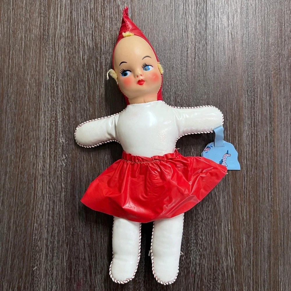 Vintage Elf Doll Plush‎ Toy Red Vinyl Dress Blue Eyes Creepycore Decor